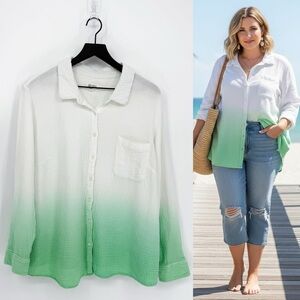 Candace Cameron Bure Ombre Dip Dye Cotton Gauze Button Down Top 1XP